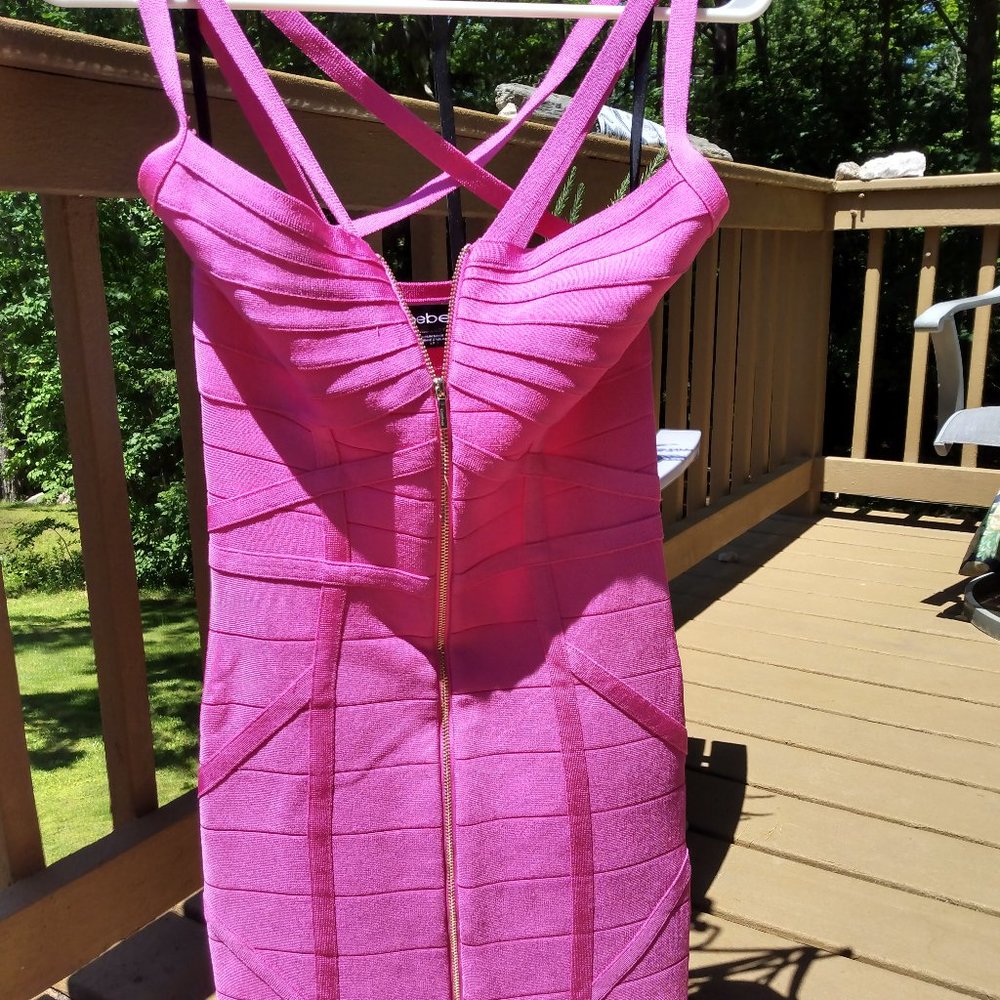 bebe dress, hot pink, size s, bodycon dress, front zipper, sexy dress